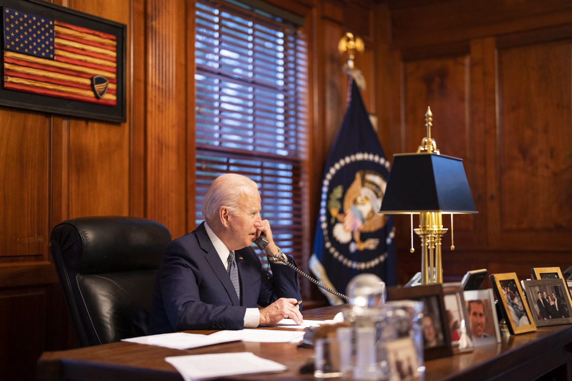 epa09660970 A handout photo made available by the White House showing US President Joe Biden speaking on the phone with Russian President Vladimir Putin on the phone from his residence in Wilmington, Delaware, USA, 30 December 2021. Biden spoke with Putin about deescalating the tension with Ukraine.  EPA/Adam Schultz / The White House / HANDOUT  HANDOUT EDITORIAL USE ONLY/NO SALES