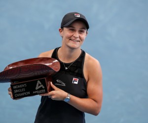 epa09674704 Ash Barty of Australia celebrates victory with the trophy during her match against Elena  Rybakina of Kazakhstan in the Final of the Adelaide International Tennis Tournament, at Memorial Drive, in Adelaide, Australia, 09 January 2022.  EPA/MATT TURNER EDITORIAL USE ONLY AUSTRALIA AND NEW ZEALAND OUT