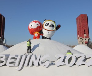 epa09678214 Chinese workers spray paint near the Bing Dwen Dwen, the Beijing 2022 Winter Olympic Mascot and Shuey Rhon Rhon, the 2022 Beijing Winter Paralympic Games Mascot, in Beijing, China, 11 January 2022. China is scheduled to host the Beijing 2022 Olympic and Paralympic Winter Games in February, making its capital the first city in the world to host both Summer (2008) and Winter Olympics (2022).  EPA/WU HONG