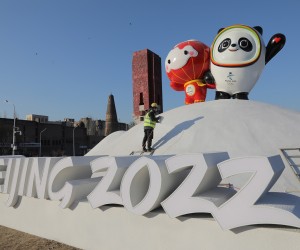 epa09678219 A Chinese worker sprays paint near the Bing Dwen Dwen, the Beijing 2022 Winter Olympic Mascot and Shuey Rhon Rhon, the 2022 Beijing Winter Paralympic Games Mascot, in Beijing, China, 11 January 2022. China is scheduled to host the Beijing 2022 Olympic and Paralympic Winter Games in February, making its capital the first city in the world to host both Summer (2008) and Winter Olympics (2022).  EPA/WU HONG