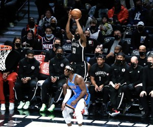 epa09684190 Brooklyn Nets guard James Harden (C) is defended by Oklahoma City Thunder players during the first half of the NBA basketball game between the Brooklyn Nets and the   Oklahoma City Thunder at Barclays Center in Brooklyn, New York, USA, 13 January  2022.  EPA/Peter Foley  SHUTTERSTOCK OUT