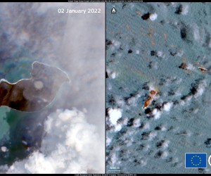 epa09692783 A handout satellite image made available by Copernicus, the European Union's Earth Observation Programme, shows the impact of the Hunga-Tonga Hunga'apai volcanic eruption when comparing Copernicus Sentinel-2 images acquired on 2 January 2022 (before the event) and 17 January 2022 (after the event), Tonga (issued 18 January 2022). The Hunga Tonga-Hunga Ha'apai underwater volcano erupted in the Archipelago of Tonga on 15 January. According to scientists from the University of Auckland, the eruption was the most powerful recorded on Earth in the last 30 years.  EPA/EUROPEAN UNION, COPERNICUS SENTINEL IMAGERY HANDOUT -- MANDATORY CREDIT: European Union, Copernicus Sentinel-2 imagery -- HANDOUT EDITORIAL USE ONLY/NO SALES