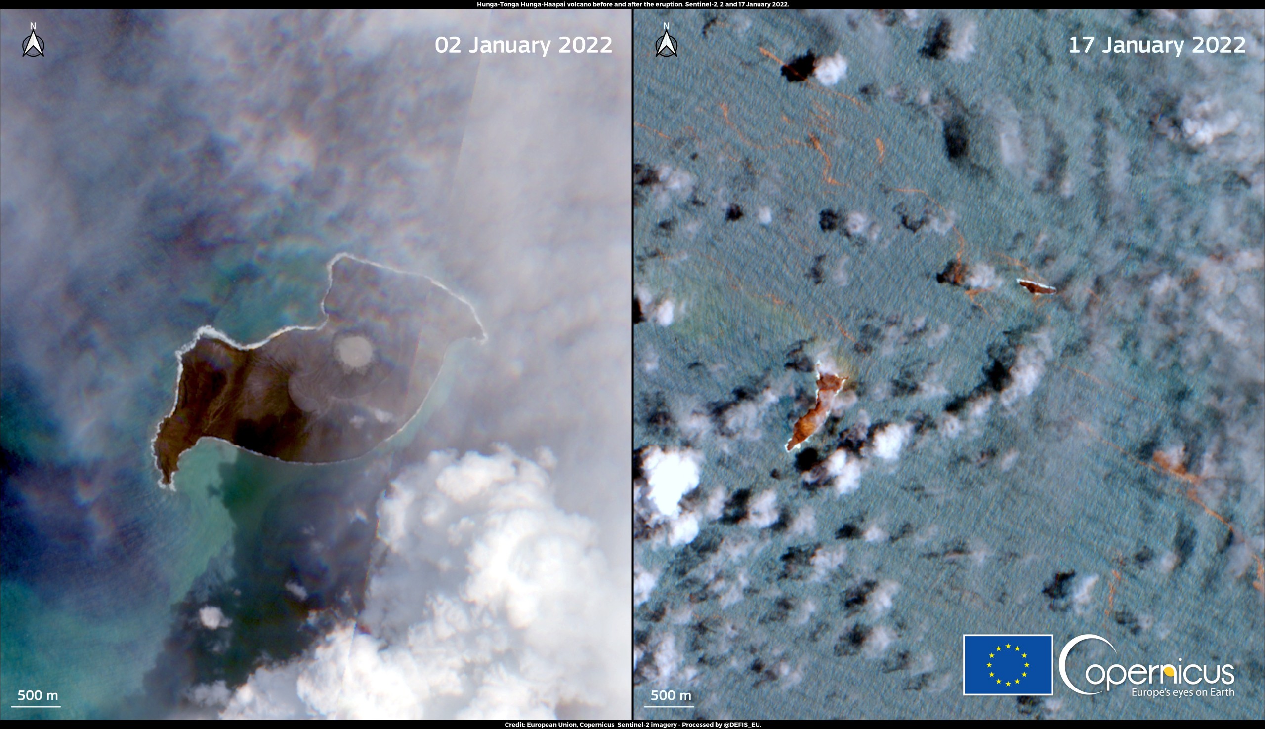 epa09692783 A handout satellite image made available by Copernicus, the European Union's Earth Observation Programme, shows the impact of the Hunga-Tonga Hunga'apai volcanic eruption when comparing Copernicus Sentinel-2 images acquired on 2 January 2022 (before the event) and 17 January 2022 (after the event), Tonga (issued 18 January 2022). The Hunga Tonga-Hunga Ha'apai underwater volcano erupted in the Archipelago of Tonga on 15 January. According to scientists from the University of Auckland, the eruption was the most powerful recorded on Earth in the last 30 years.  EPA/EUROPEAN UNION, COPERNICUS SENTINEL IMAGERY HANDOUT -- MANDATORY CREDIT: European Union, Copernicus Sentinel-2 imagery -- HANDOUT EDITORIAL USE ONLY/NO SALES
