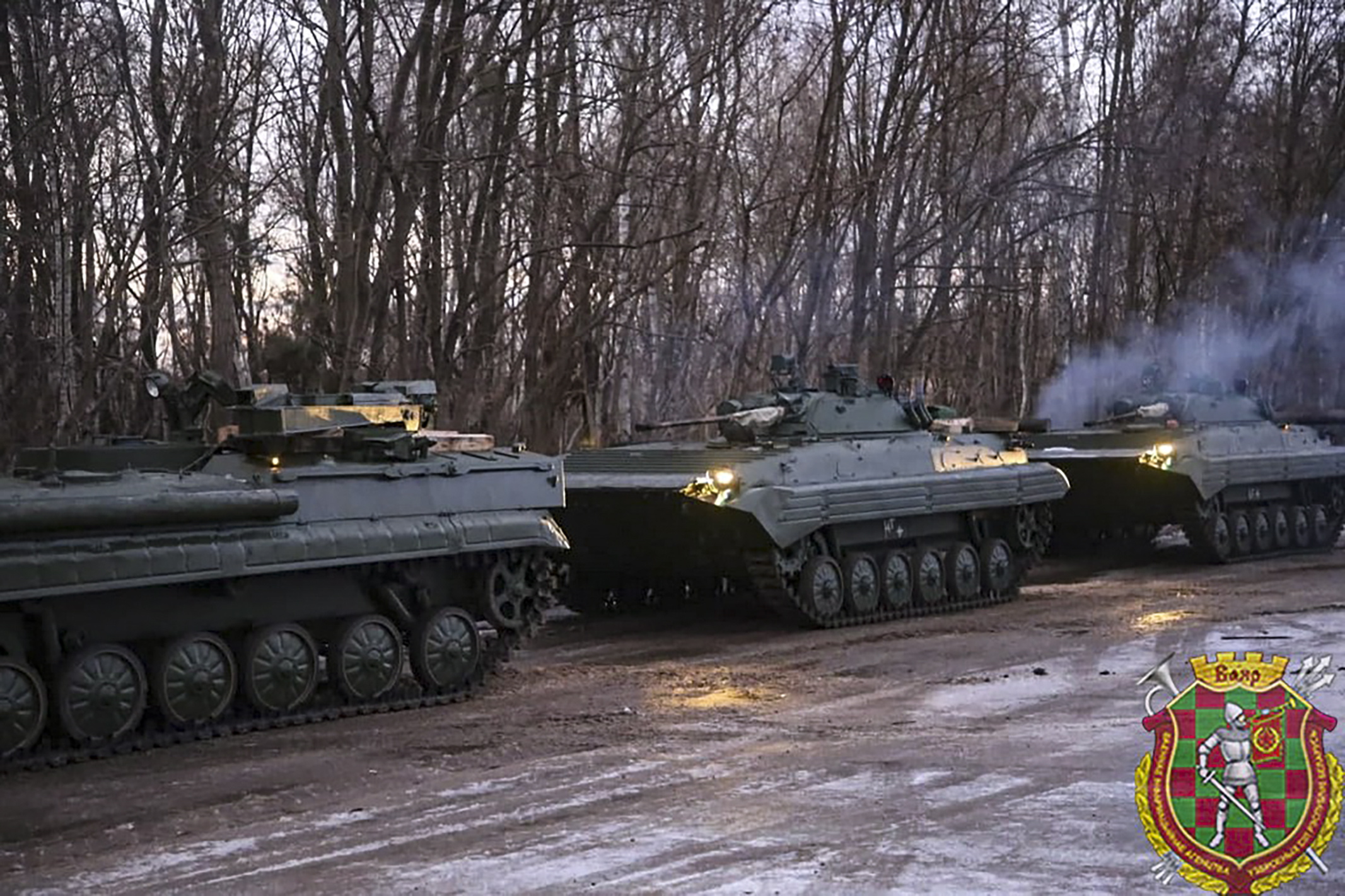 epa09693065 A handout photo made available by the Belarus Defence Ministry press service shows Russian military vehicles arrive for Russia and Belarus joint military drill 'Union resolve 2022' in Belarus, 18 January 2022. The joint military exercises of the armed forces of Russia and Belarus 'Allied Resolve - 2022' will be held from February 10 to 20. Joint maneuvers between Russia and Belarus will take place against the backdrop of 'the ongoing militarization of European countries.' According to Belarusian President Alexander Lukashenko, the military will work out 'opposition to the forces of the West - the Baltic states and Poland - and the south - Ukraine'.  EPA/BELARUS DEFENCE MINISTRY PRESS SERVICE / HANDOUT  HANDOUT EDITORIAL USE ONLY/NO SALES