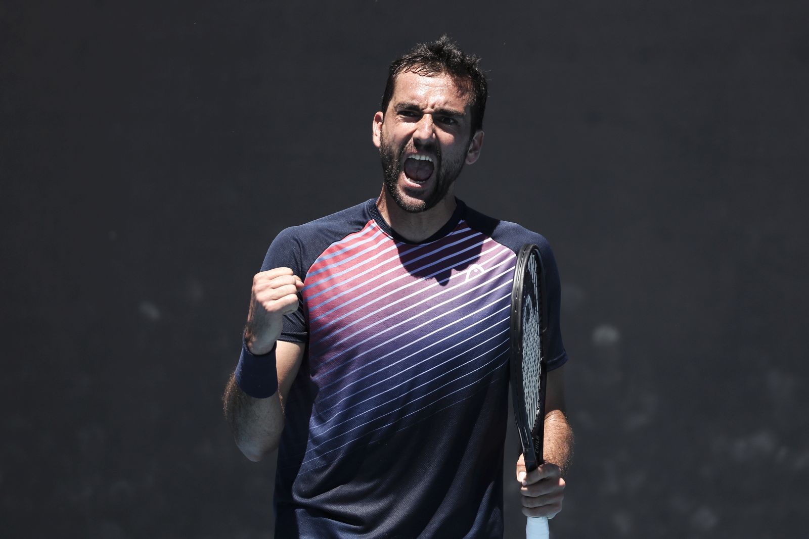 epa09696212 Marin Cilic of Croatia celebrates winning the second set during his second round match against Norbert Gombos of Slovakia at the Australian Open Grand Slam tennis tournament in Melbourne, Australia, 20 January 2022.  EPA/JASON O'BRIEN