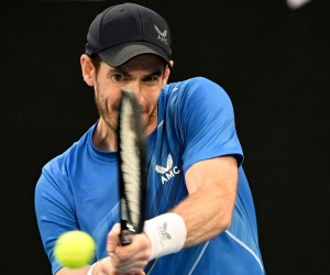 epa09696629 Andy Murray of Britain plays a shot during his second round Men’s singles match against Taro Daniel of Japan on day 4 of the Australian Open Tennis Tournament at Melbourne Park in Melbourne, Australia, 20 January 2022.  EPA/DAVE HUNT  AUSTRALIA AND NEW ZEALAND OUT