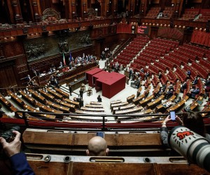 epa09706569 A general view of the Lower House (Chamber of Deputies) as lawmakers from both houses of parliament and regional representatives start voting to elect Italy's new President, in Rome, Italy, 24 January 2022. Most of 1,009 'grand electors' are expected to cast blank papers in the first ballot with no deal so far between the major political parties on who should replace President Mattarella, whose seven-year term is coming to an end.  EPA/ROBERTO MONALDO / POOL