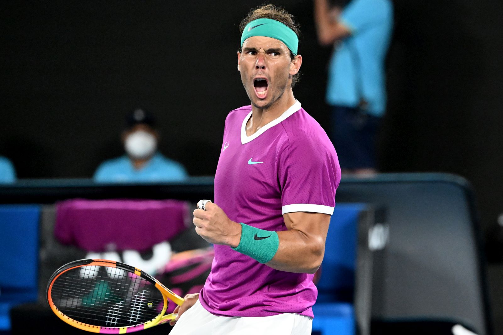 epa09713767 Rafael Nadal of Spain reacts during his semi final match against Matteo Berrettini of Italy at the Australian Open Grand Slam tennis tournament at Melbourne Park, in Melbourne, Australia, 28 January 2022.  EPA/DAVE HUNT AUSTRALIA AND NEW ZEALAND OUT