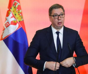 Serbia's President Aleksandar Vucic gestures during conference of the Open Balkan summit at the Palace of Brigades in Tirana, Albania December 21, 2021. REUTERS/Florion Goga Photo: Florion Goga/REUTERS