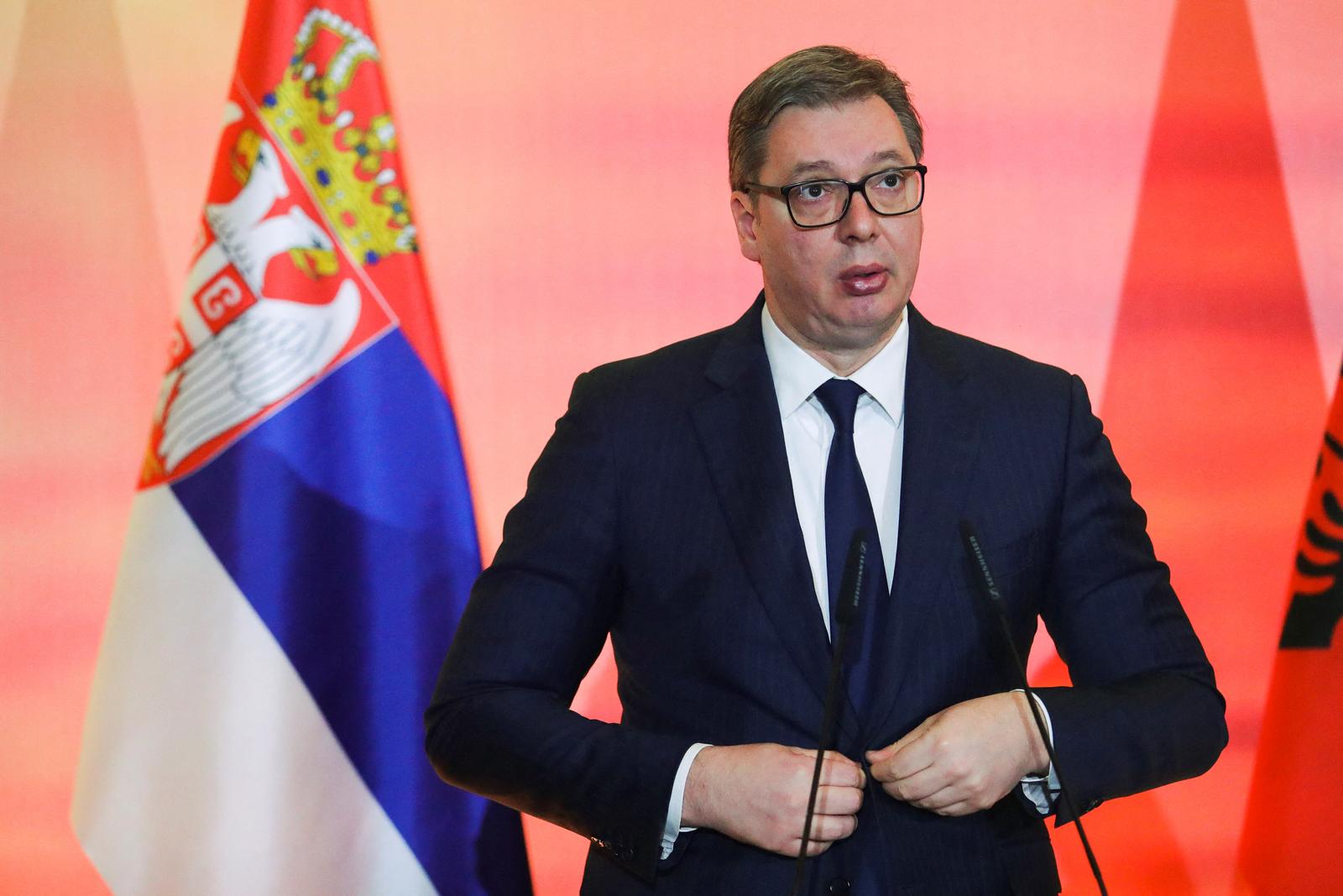 Serbia's President Aleksandar Vucic gestures during conference of the Open Balkan summit at the Palace of Brigades in Tirana, Albania December 21, 2021. REUTERS/Florion Goga Photo: Florion Goga/REUTERS