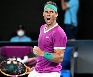 epa09713767 Rafael Nadal of Spain reacts during his semi final match against Matteo Berrettini of Italy at the Australian Open Grand Slam tennis tournament at Melbourne Park, in Melbourne, Australia, 28 January 2022.  EPA/DAVE HUNT AUSTRALIA AND NEW ZEALAND OUT