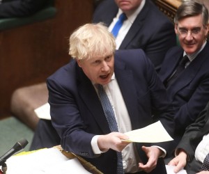 epa09723387 A handout photograph released by the UK Parliament shows British Prime Minister Boris Johnson during the Prime Minister's Questions (PMQs) at the House of Commons in London, Britain, 02 February 2022. Johnson is facing increased calls to resign over the Downing Street 'partygate' allegations.  EPA/UK PARLIAMENT/JESSICA TAYLOR HANDOUT -- MANDATORY CREDIT: UK PARLIAMENT/JESSICA TAYLOR -- HANDOUT EDITORIAL USE ONLY/NO SALES