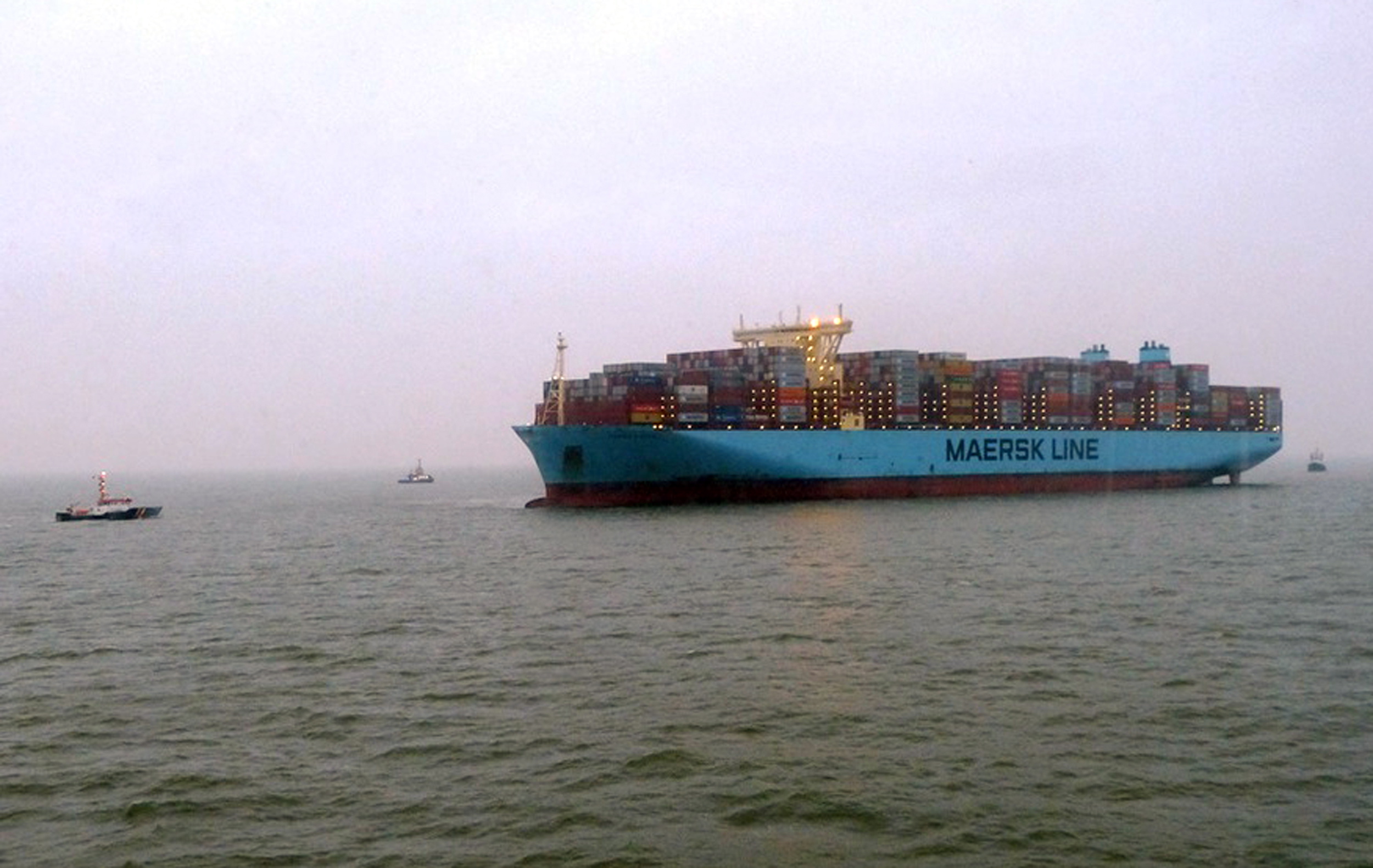 epa09724361 A handout photo made available by the German Central Command for Maritime Emergencies Havariekommando showing the container ship Maersk Mumbai lies aground in the North Sea about ten kilometers North of the island of Wangerooge, Germany, 03 February 2022. According to the German Central Command for Maritime Emergencies (Havariekommando), the container carrier ran aground during the night. A first towing attempt in the early morning hours failed.  EPA/Havariekommando  HANDOUT  HANDOUT EDITORIAL USE ONLY/NO SALES
