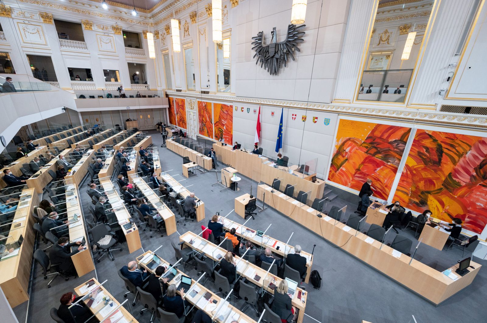 epa09724410 General view during a session of the Austrian Federal Council at the temporary parliament building at the Hofburg Palace in Vienna, Austria, 03 February 2022. The agenda includes Austria's vaccination law, making Covid-19 vaccination mandatory for people over the age of 18.  EPA/DANIEL NOVOTNY