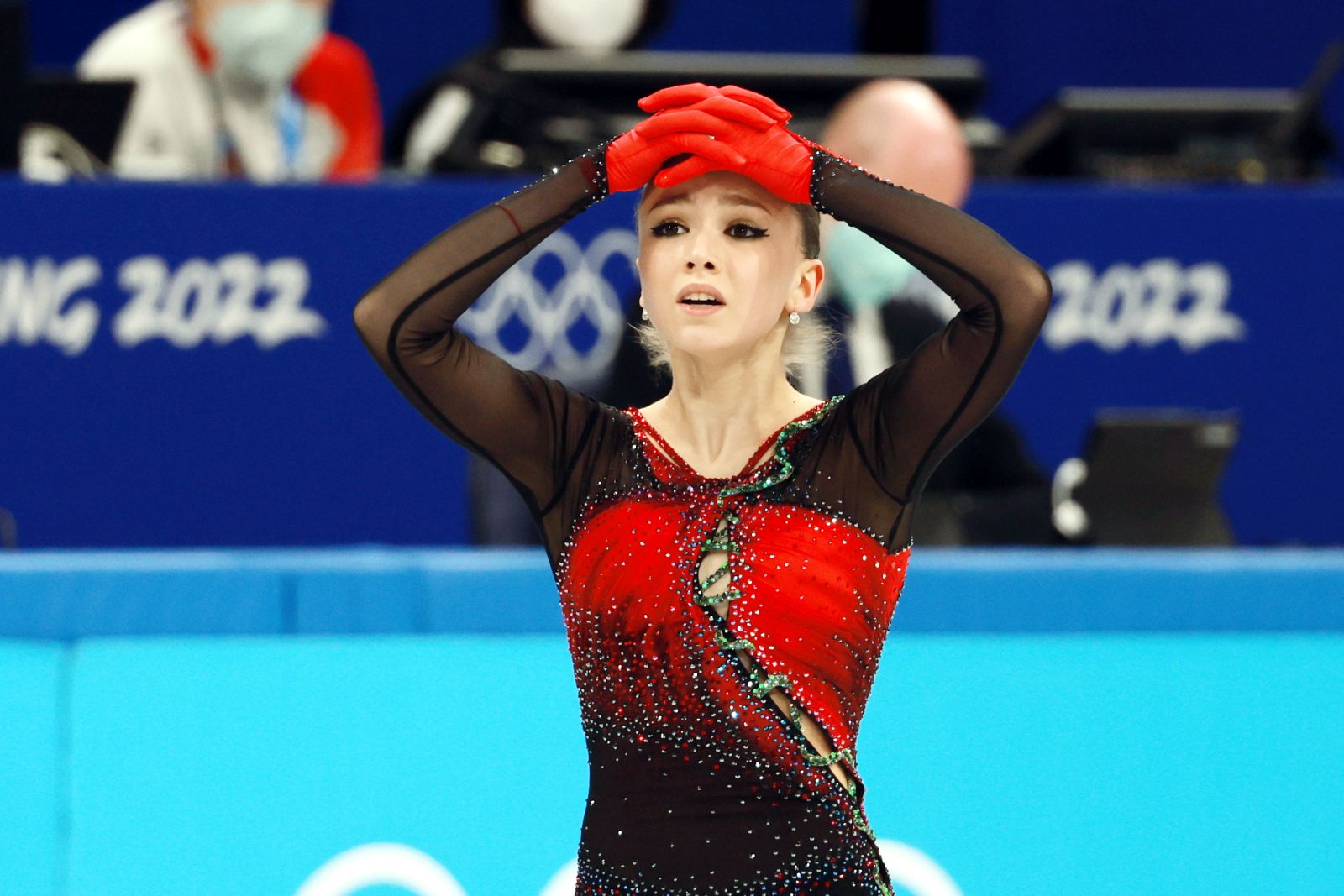 epa09734599 Kamila Valieva of Russia reacts during the Woman Single Skating - Free Skating of the Figure Skating Team Event at the Beijing 2022 Olympic Games, Beijing, China, 07 February 2022.  EPA/FAZRY ISMAIL