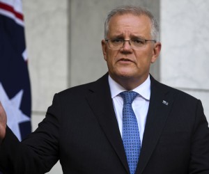 epa09734212 Australian Prime Minister Scott Morrison speaks to the media during a press conference in Canberra, Australia, 07 February 2022.  EPA/LUKAS COCH AUSTRALIA AND NEW ZEALAND OUT