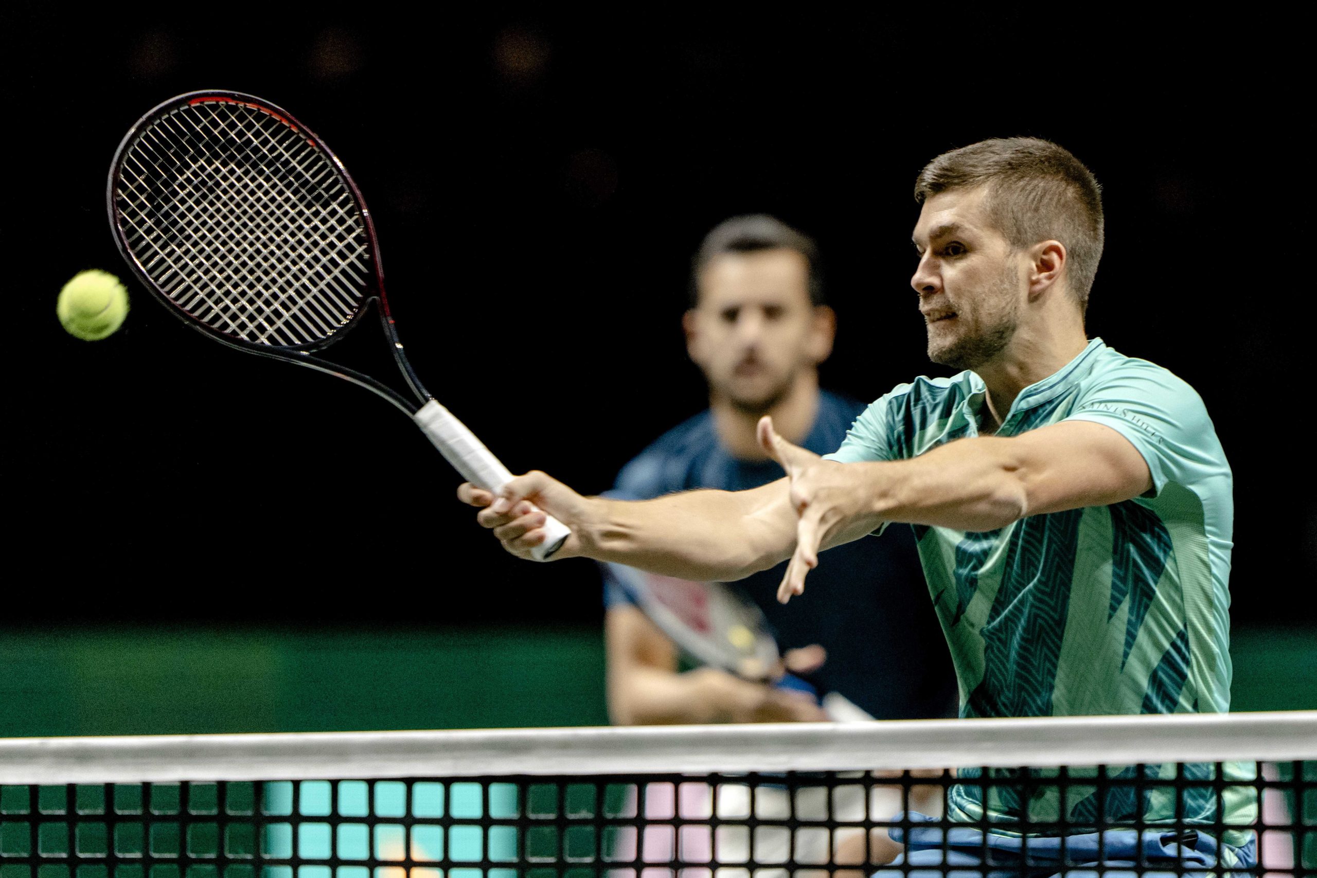 epa09739049 Nikola Mektic (R) and Mate Pavic, both from Croatia, in action against Robin Haase and Matwe Middelkoop, both from the Netherlands, during the 49th ABN AMRO World Tennis Tournament in Rotterdam, The Netherlands, 08 February 2022.  EPA/SANDER KONING