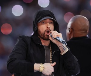 epa09754324 Eminem performs during the halftime show of Super Bowl LVI at SoFi Stadium in Inglewood, California, USA, 13 February 2022. The annual Super Bowl is the Championship game of the NFL between the AFC Champion and the NFC Champion and has been held every year since January of 1967.  EPA/JOHN G. MABANGLO