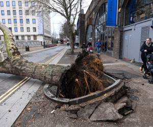 epa09769043 A mother pushes her child past a fallen tree brought down by strong winds during Storm Eunice in London, Britain, 18 February 2022. The UK's Met Office has issued a red warning 'danger to life' for Storm Eunice which is causing major disruption across most parts of the UK.  EPA/ANDY RAIN