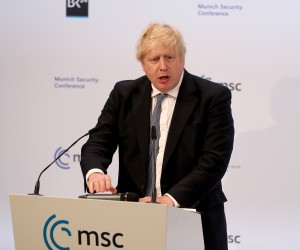epa09771477 British Prime Minister Boris Johnson gives his speech at the 2022 Munich Security Conference in Munich, Germany, 19 February 2022. The conference, which brings together security experts, politicians and people of influence from across the globe, is taking place as Russian troops stand amassed on the Russian, Belarusian and Crimean borders to Ukraine, causing international fears of an imminent military invasion.  EPA/ALEXANDRA BEIER / POOL