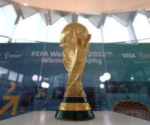 epa09777055 General view of the FIFA World Cup Qatar 2022 Winner's Trophy on display in Warsaw Poland, 22 February 2022.  EPA/LESZEK SZYMANSKI POLAND OUT
