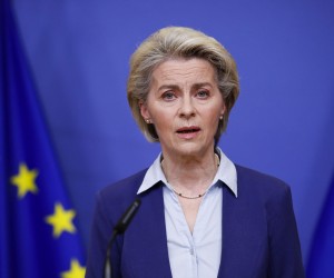 epa09777251 European Commission President Ursula von der Leyen delivers a statement following the conclusion of an EU Foreign Ministers' meeting on the crisis in Ukraine, in Brussels, Belgium 22 February 2022. Von der Leyen said she "welcomed the EU countries' agreement on new sanctions against Russia". Russia on 21 February 2022 recognised the eastern Ukrainian self-proclaimed breakaway regions as independent states and ordered the deployment of peacekeeping troops to the Donbas, triggering an expected series of economic sanctions announcements by Western countries. The self-proclaimed Donetsk People's Republic (DNR) and Luhansk People's Republic (LNR) declared independence in 2014 amid an armed conflict in the eastern Ukraine.  EPA/JOHANNA GERON / POOL