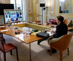 epa09781006 French President Emmanuel Macron takes part in a video-conference of G7 leaders on Ukraine in Paris, France, 24 February 2022. Russia launched a major military operation on Ukraine in the early hours of 24 February 2022, defying Western outrage and global appeals not to launch a war.  EPA/LUDOVIC MARIN / POOL  MAXPPP OUT