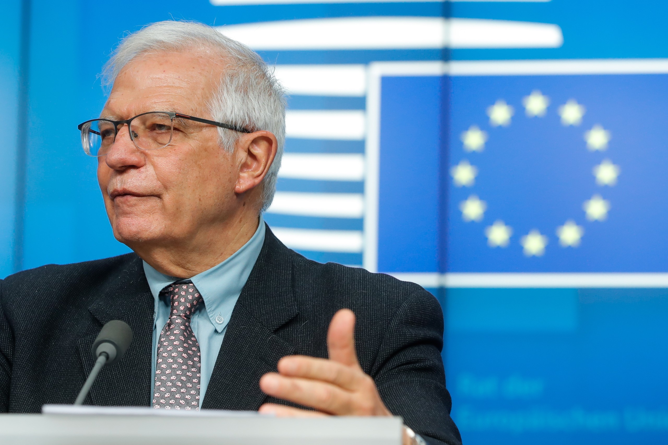 epa09791915 High Representative of the European Union for Foreign Affairs and Security Policy Josep Borrell gives a press conference at the end of an informal video conference of EU foreign affairs (defence) ministers at the European Council in Brussels, Belgium, 28 February 2022. Borrell said EU Defence Ministers discussed the situation on the ground in Ukraine following Russia's invasion, and how to further support Ukrainian armed via European Peace Facility.  EPA/STEPHANIE LECOCQ