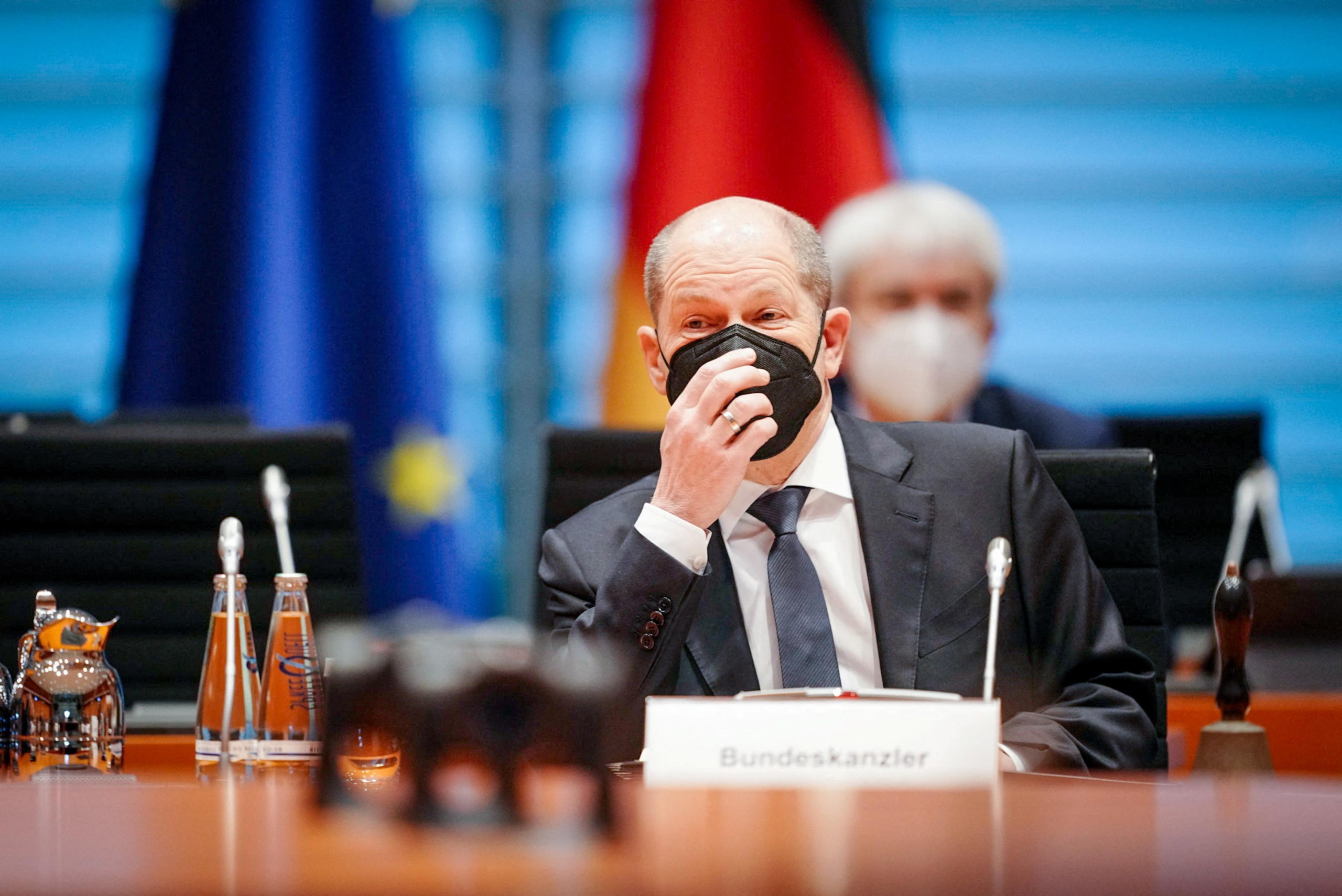 German Chancellor Olaf Scholz wears a protective mask before the weekly cabinet meeting at the Chancellery in Berlin, Germany, February 2, 2022.     Kay Nietfeld/Pool via REUTERS Photo: Kay Nietfeld/REUTERS