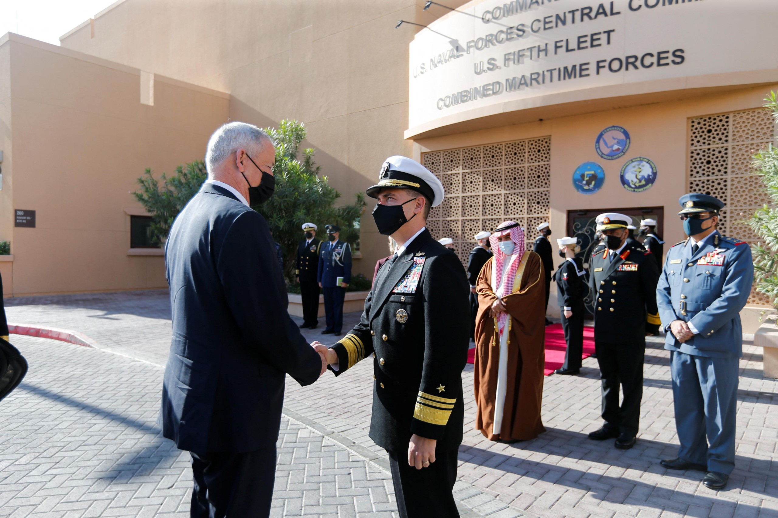 Israeli Defence Minister Benny Gantz arrives during his visit to 5th Fleet Headquarters Navy Base in Juffair, Bahrain, February 3, 2022. REUTERS/Hamad I Mohammed Photo: HAMAD I MOHAMMED/REUTERS
