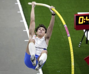 Sweden's Armand Duplantis competes during the men's pole vault competition as part of the 2022 Indor ISTAF track and field meeting in Berlin, Germany, Friday, Feb. 4, 2022. (AP Photo/Michael Sohn)