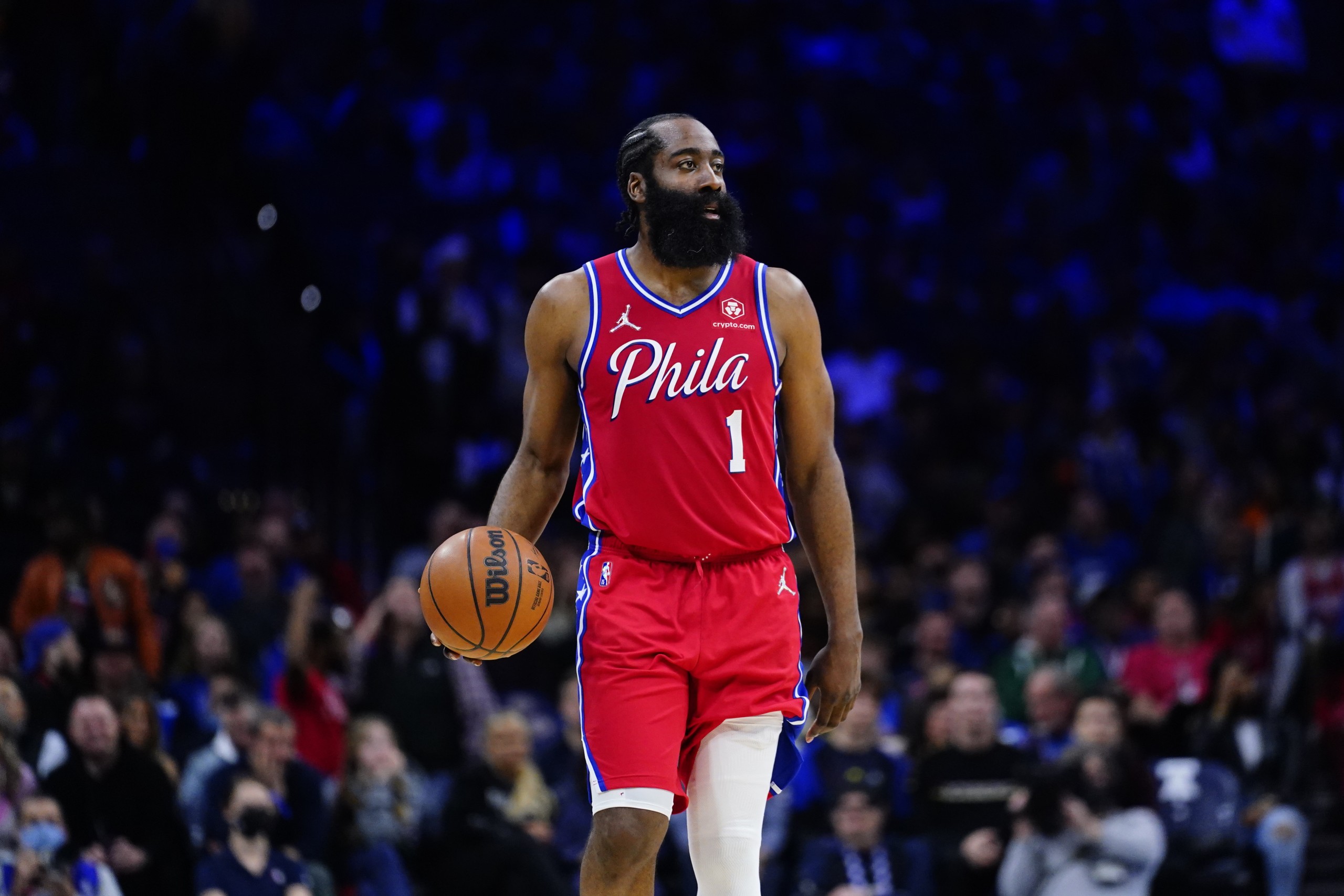 Philadelphia 76ers' James Harden plays during an NBA basketball game, Wednesday, March 2, 2022, in Philadelphia. (AP Photo/Matt Slocum)