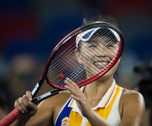 Peng Shuai of China celebrates after defeating Petra Kvitova of Czech Republic in their first round match of the women s singles during the WTA Tennis Damen Wuhan Open 2017 tennis tournament in Wuhan city, central China s Hubei province, 25 September 2017. Peng Shuai defeated Petra Kvitova 2-1. Peng Shuai ousts Petra Kvitova at WTA Wuhan Open 2017 PUBLICATIONxINxGERxAUTxSUIxONLY 20170925_11177