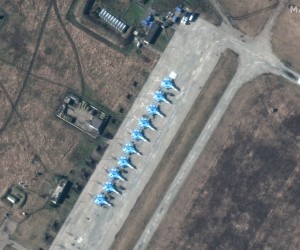 epa09757167 A handout satellite image made available by Maxar Technologies shows a closer view of Sukhoi Su-34 fighters deployment in Primorsko-Akhtarsk airbase, in Krasnodar Krai, Russia, 13 February 2022 (Issued 14 February 2022).  EPA/MAXAR TECHNOLOGIES HANDOUT -- MANDATORY CREDIT: SATELLITE IMAGE 2022 MAXAR TECHNOLOGIES -- THE WATERMARK MAY NOT BE REMOVED/CROPPED -- HANDOUT EDITORIAL USE ONLY/NO SALES