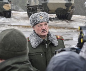 epa09766939 A handout photo made available by Belarus President Press service shows Belarusian President Alexander Lukashenko (C) visits on the Osipovichsky training ground, Mogilev region, Belarus, 17 February 2022. The joint exercises of the military forces 'Union Courage-2022' of Russia and Belarus are held from February 10 to 20. As specified in the Russian Ministry of Defense, the purpose of these exercises is to work out the tasks of 'stopping and repelling external aggression' during a defensive operation, as well as 'countering terrorism and protecting the interests of the Union State.' In Belarus, the holding of joint exercises was called a response to the 'continuing militarization' of European countries. President of Belarus Alexander Lukashenko allowed the recognition of the independence of the self-proclaimed Donetsk and Luhansk People's Republics (DPR and LPR) by Minsk.  EPA/BELARUS PRESIDENT PRESS SERVICE /HANDOUT  HANDOUT EDITORIAL USE ONLY/NO SALES