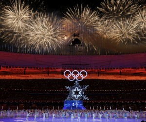 epa09774212 Fireworks illuminate the sky during the Closing Ceremony for the Beijing 2022 Olympic Games at the National Stadium, also known as Bird's Nest, in Beijing China, 20 February 2022.  EPA/ROMAN PILIPEY