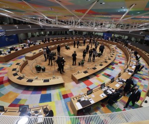 epa09782100 A general view of the meeting room ahead of a Special meeting of the European Council in light of Russia's aggression against Ukraine, in Brussels, Belgium, 24 February 2022.  President of the European Council has urgently convened a special meeting of the European Council to discuss the situation in Ukraine. Russian troops launched a major military operation on Ukraine on 24 February, after weeks of intense diplomacy and the imposition of Western sanctions on Russia aimed at preventing an armed conflict in Ukraine.  EPA/OLIVIER HOSLET / POOL