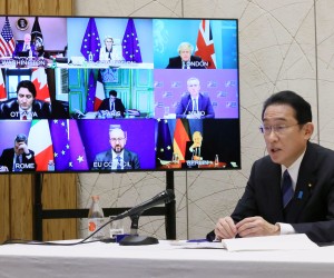 epa09782642 A handout photo made available by the Cabinet Public Relations Office via Jiji Press, Japan’s Prime Minister Fumio Kishida speaks during a video-conference of G7 leaders on Ukraine, at the prime minister's office in Tokyo, Japan, late 24 February 2022. G7 leaders strongly condemned Russia's invasion of Ukraine.  EPA/JAPAN'S CABINET PUBLIC RELATIONS OFFICE HANDOUT JAPAN OUT HANDOUT EDITORIAL USE ONLY/NO SALES/NO ARCHIVES