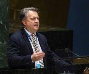 epa09792088 Ukraine's Ambassador to the United Nations Sergiy Kyslytsya addresses an emergency session of the United Nations General Assembly called to consider a resolution condemning Russia's invasion of Ukraine at United Nations headquarters in New York, New York, USA, 28 February 2022. The UN Security Council voted on a similar resolution on 25 February but the measure was vetoed by Russia which wields that power as one of five permanent members of the council.  EPA/JUSTIN LANE
