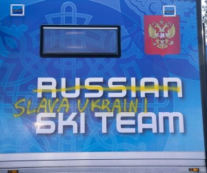 epa09796028 'Slava Ukraini' (Glory to Ukraine) written on the Russian cross-country national team's service trailer in Holmenkollen, Oslo, Norway, 02 March 2022.  EPA/Torstein Boee  NORWAY OUT