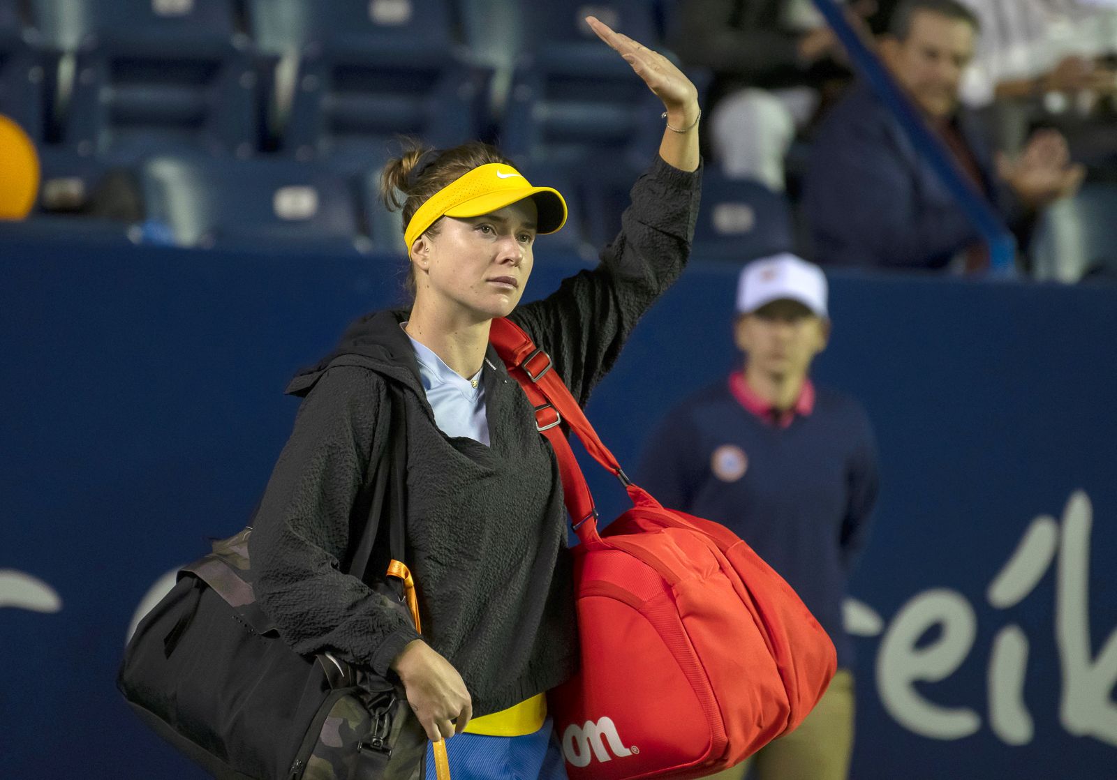 epa09796841 Elina Svitolina of Ukraine acknowledges the crowd after defeating Anastasia Potapova of Russia during the Monterrey Open tennis tournament in Monterrey, Mexico, 01 March 2022.  EPA/Miguel Sierra