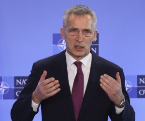epa09800319 NATO Secretary General Jens Stoltenberg during a joint news conference before a NATO foreign ministers meeting amid Russia's invasion of Ukraine, at the Alliance's headquarters in Brussels, Belgium, 04 March 2022.  EPA/YVES HERMAN / POOL