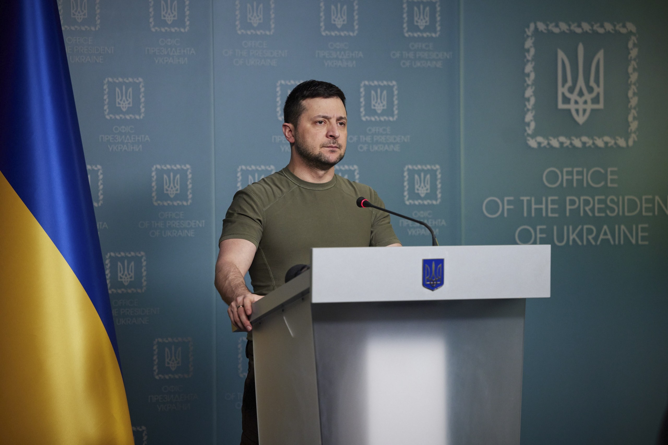 epa09808748 A handout photo made available by the Presidential press service shows Ukrainian President Volodymyr Zelensky giving his address to Ukrainians in Kyiv (Kiev), Ukraine, 07 March 2022. Russian troops entered Ukraine on 24 February prompting the country's president to declare martial law and triggering a series of announcements by Western countries to impose severe economic sanctions on Russia.  EPA/PRESIDENTIAL PRESS SERVICE HANDOUT  HANDOUT EDITORIAL USE ONLY/NO SALES