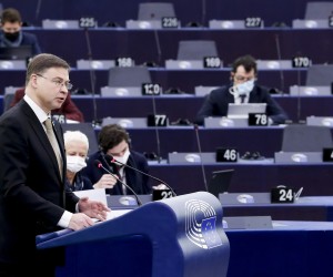 epa09811894 Valdis Dombrovskis, Executive Vice President of the European Commission for An Economy that Works for People, gives a statement on 'The European Semester for economic policy coordination: annual sustainable growth survey 2022', at the European Parliament in Strasbourg, France, 09 March 2022. The session of the European Parliament runs from 07 till 10 March.  EPA/JULIEN WARNAND