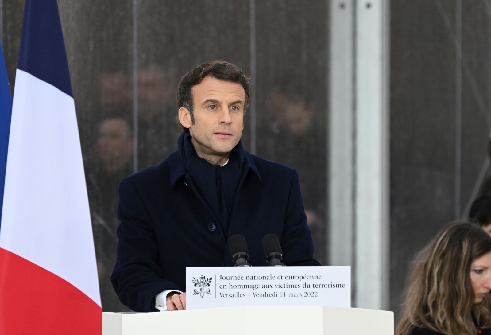 epa09817683 France's President Emmanuel Macron gives a speech during a National and European Day in Tribute to Victims of Terrorism ceremony at the Grand Trianon estate near the Palace of Versailles, south west of Paris, France, 11 March 2022.  EPA/EMMANUEL DUNAND / POOL  MAXPPP OUT