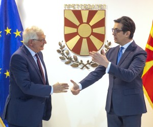 epa09823849 North Macedonia's President Stevo Pendarovski (R) welcomes High Representative of the European Union for Foreign Affairs and Security Policy Josep Borrell Fontelles (L) in Skopje, Republic of North Macedonia, 14 March 2022. Borrell arrived for a two days visit to North Macedonia.  EPA/GEORGI LICOVSKI