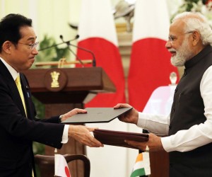 epa09836210 Indian Prime Minister Narendra Modi (R ) and Japanese Prime Minister Fumio Kishida exchange documents after signing the joint statement  in New Delhi, India, 19 March 2022. Prime Minister Fumio Kishida is on a two-day visit to India where he will attend the 14th India-Japan summit. Kishido announced 42 billion US dollar investment target in India over the next five years. India and Japan signed the series of agreements including the cyber security.  EPA/HARISH TYAGI