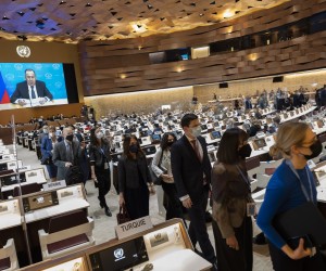 epa09840194 (FILE) - Ambassadors and diplomats walk out while Russia's foreign minister Sergei Lavrov (on screen) speaks during a pre-recorded video message at the 49th session of the UN Human Rights Council at the European headquarters of the United Nations in Geneva, Switzerland, 01 March 2022 (issued 21 March 2022). The diplomats got up and left the room when Sergei Lavrov's pre-recorded video message began to play, in protest against Russia's invasion of Ukraine. Since Russia invaded Ukraine one month ago on 24 February 2022, more than three million Ukrainians became refugees and two million are internally displaced, the United Nations said.  EPA/SALVATORE DI NOLFI / POOL  ATTENTION: This Image is part of a PHOTO SET