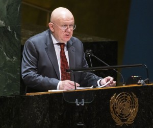 epa09844486 Russia's Ambassador to the U.N. Vassily Nebenzia addresses a United Nations General Assembly meeting where member countries are scheduled to debate and vote on two resolutions related to the humanitarian crisis being caused by Russia’s invasion of Ukraine at United Nations headquarters in New York, New York, USA, 23 March 2022. The United Nations Security Council is also set today to take up a resolution sponsored by Russia related to the humanitarian situation in Ukraine, but without referring to the war.  EPA/JUSTIN LANE