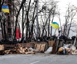 epa09847117 A barricade made with all kinds of rustic materials in a street in Kyiv (Kiev), Ukraine, 24 March 2022, after a month of war. On 24 February Russian troops had entered Ukrainian territory in what the Russian president declared a 'special military operation', resulting in fighting and destruction in the country, a huge flow of refugees, and multiple sanctions against Russia.  EPA/NUNO VEIGA
